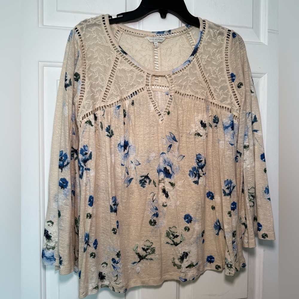 Lucky Brand Medium Boho Ivory Linen Floral Peasant Top Long Sleeve Keyhole Lace